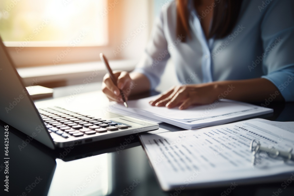 Closeup shot of businesswoman using a calculator and laptop in an office. Closeup shot of businesswoman using a calculator and laptop in an office.