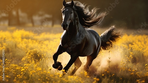 A black horse galloping across a sunlight meadow