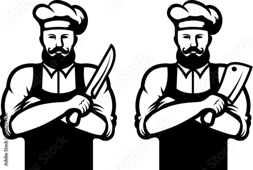 Illustration of a butcher with hatchet and meat. Design element for emblem, sign, badge. Vector illustration