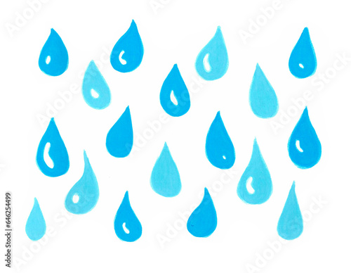 Pattern of water drops of different shades of blue on a white background. Darker and lighter. Different in shape and size. They have white highlights. Water, rain, shower, raindrops, etc.
