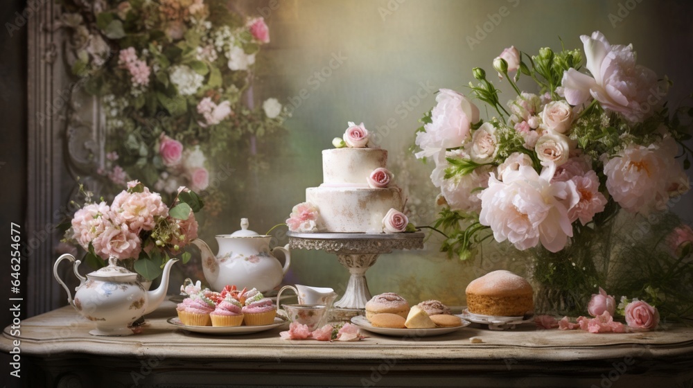 a charming Mother's Day high tea, where a beautiful bouquet of flowers, a slice of delicious cake, and a cup of aromatic coffee come together against a textured setting