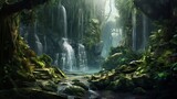 A cascading waterfall hidden deep within the lush forest