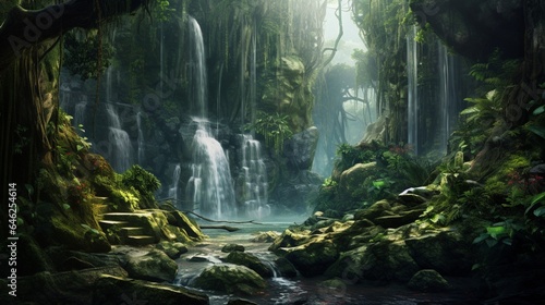 A cascading waterfall hidden deep within the lush forest