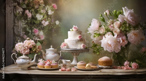 a charming Mother's Day high tea, where a beautiful bouquet of flowers, a slice of delicious cake, and a cup of aromatic coffee come together against a textured setting © Pretty Panda