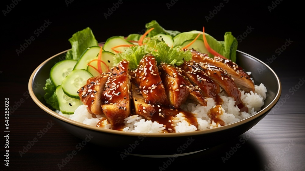 a delightful chicken teriyaki red bowl, featuring a medley of tender chicken, fragrant rice, crisp lettuce, sliced cucumber, a generous sprinkling of sesame seeds, and a mouthwatering teriyaki sauce a delightful chicken teriyaki red bowl, featuring a medley of tender chicken, fragrant rice, crisp lettuce, sliced cucumber, a generous sprinkling of sesame seeds, and a mouthwatering teriyaki sauce