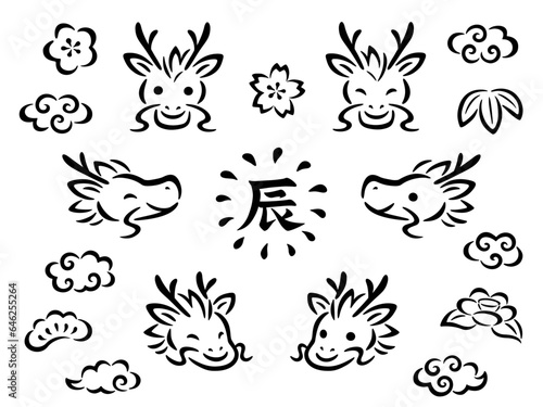 手描き風の筆調の龍の顔と和風モチーフの線画イラストセット