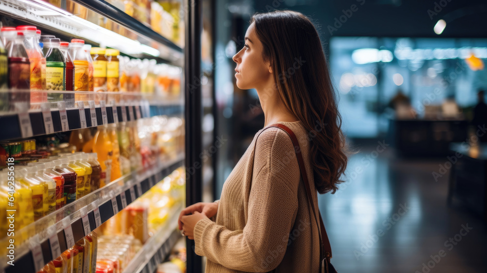 A young woman chooses products in a grocery store