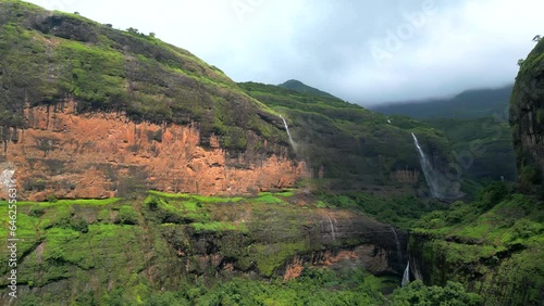 sahyadri Western Ghats mountain waterfall drone shot bird eye view photo