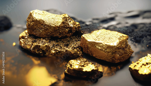 vector Pure gold ore found in the mine on a stone floor with water  .