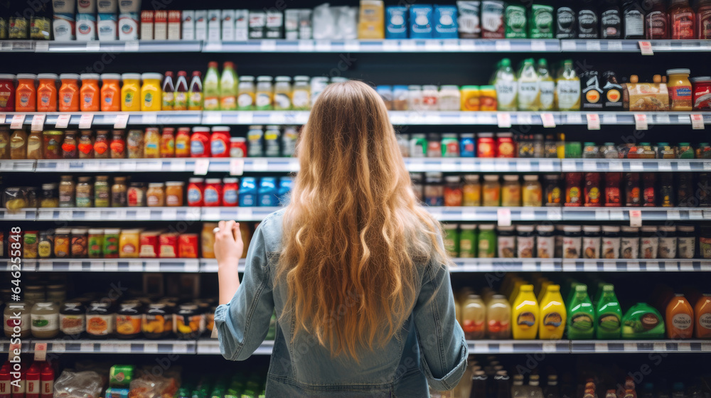 A young woman chooses products in a grocery store
