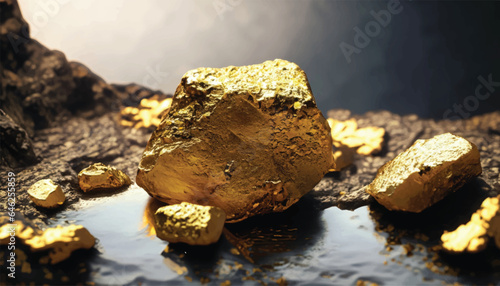 vector Pure gold ore found in the mine on a stone floor with water  .