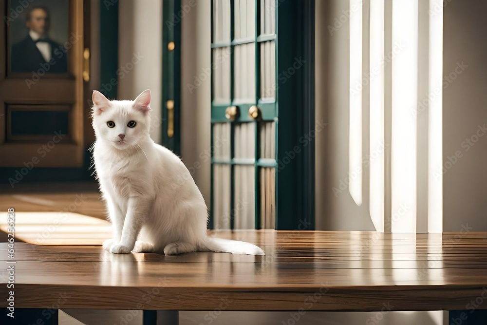 a close up of white cat sitting on wooden table ne 