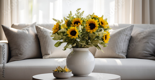 yellow flowers in a vase on the table
