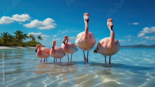 Travel and resort banner. Pink flamingos on beautiful sandy beach and soft blue ocean wave summer concept background