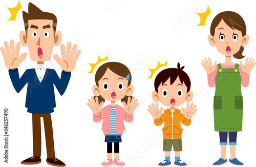 びっくりする四人家族の仕草と表情
