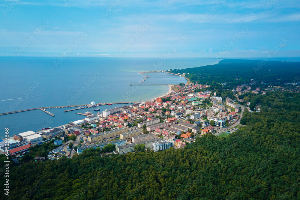 Birds eye view of sea landscape with city Hel on peninsula. Baltic Sea coast in Poland. Resort town in the summer season