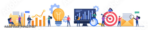 Business performance data analysis flat illustration concept, Search engine optimization, Market research chart, Data Analytics, Financial report, Business strategy, Financial forecast