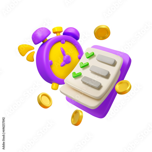 Vector 3d personal effectiveness icon. Bill calendar payment concept. Alarm clock with list and flying coins. Time is money idea