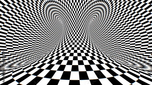Black And White Optical Illusion Moving Checkerboard Pattern 3D Torus - 4K Seamless VJ Loop Motion Background Animation