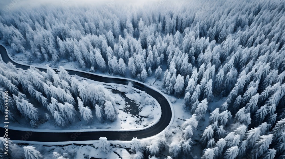 Winter Landscape with Frozen River. Top Down Drone View.