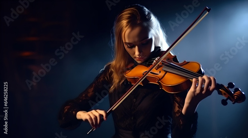 Young woman playing the violin on stage during a performance, female violinist musician performing on the stage