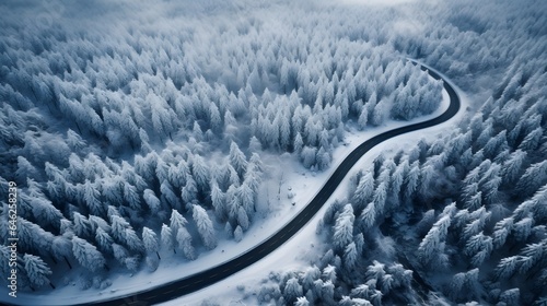 Winter Landscape with Frozen River. Top Down Drone View. © Lucky Ai