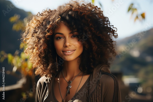 Beautiful woman with curly hair on background of mountains portrait. Tours and travel concept. AI generated