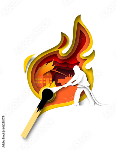 Firefighter extinguishing burning house with hose papercut style