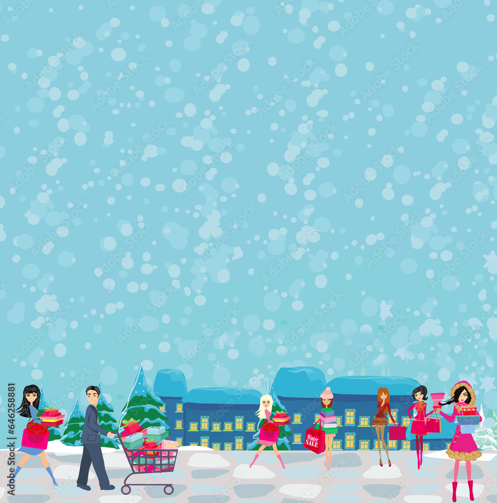 Fototapeta premium Christmas shopping - group of people shopping in the city - card