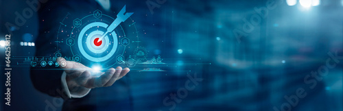 Foto Business target, Set up of objective goals growth and success, Business strategy and future sustainable marketing and finance action plan, Long term investment for successful