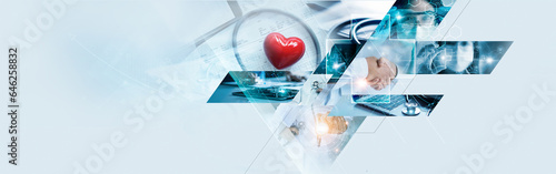 Obraz na plátně Healthcare business data and Medical business growth, Medical hub on global network, Medical marketing, Health insurance, Access to welfare health, and Healthcare business analysis