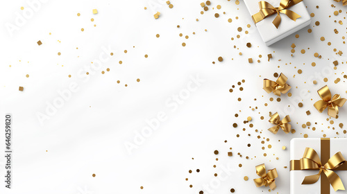 Red Christmas background with realistic gifts and golden confetti. High quality photo