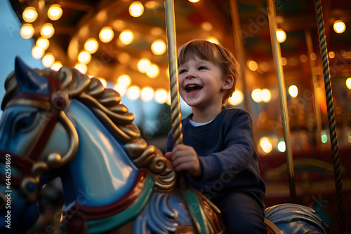 Cheerful child having fun in an amusement park rides a horse on a carnival carousel at an amusement park on a weekend.