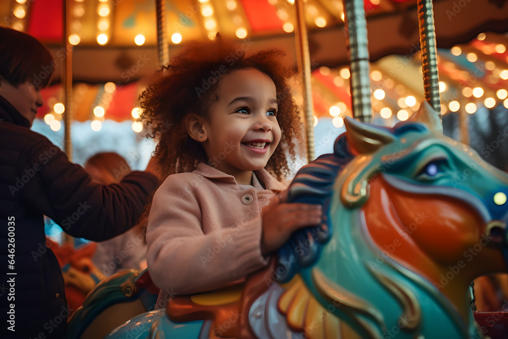 Cheerful child having fun in an amusement park rides a horse on a carnival carousel at an amusement park on a weekend.