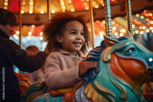 Cheerful child having fun in an amusement park rides a horse on a carnival carousel at an amusement park on a weekend. © AspctStyle