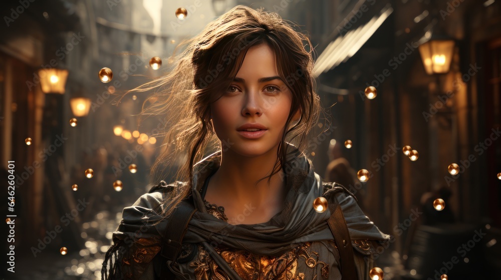 Fototapeta premium Steampunk superhero soars to save: Jetpack, corset, goggles. 