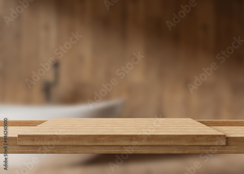 Empty wooden table top and blurred bathroom interior on the background. Copy space for your object, product, cosmetic presentation. Display, promotion, advertising. 3D Rendering.