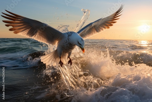 The seagull spread its wings on the surface of the water.