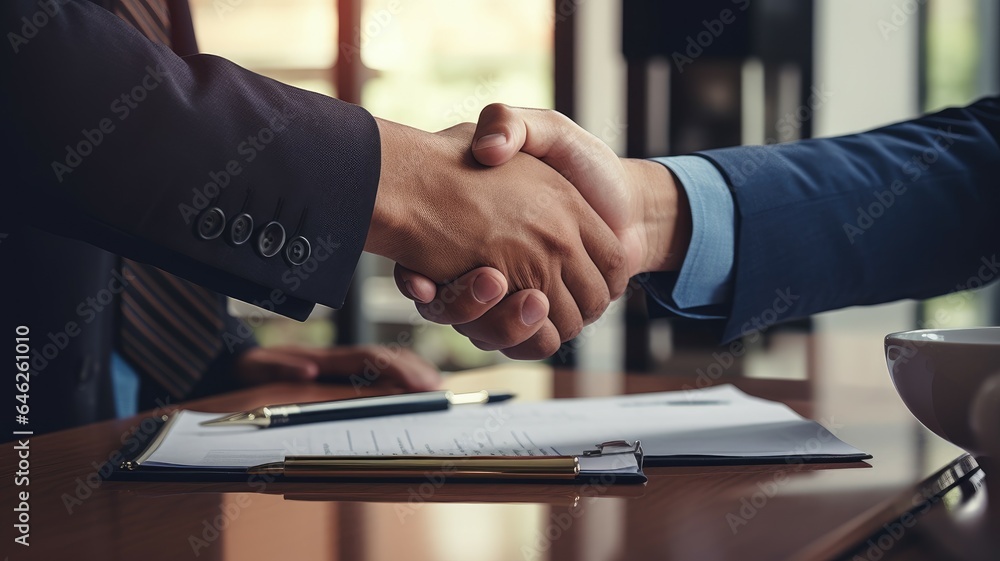 Closeup of business people shaking hands in office Closeup of business people shaking hands in office