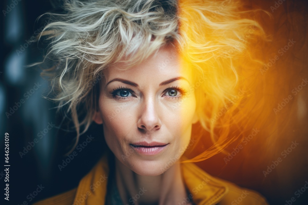 Fototapeta premium Girl with developing hair with yellow light.