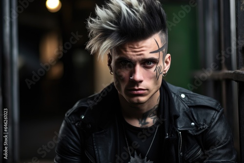 Man in leather jacket with punk hairstyle.