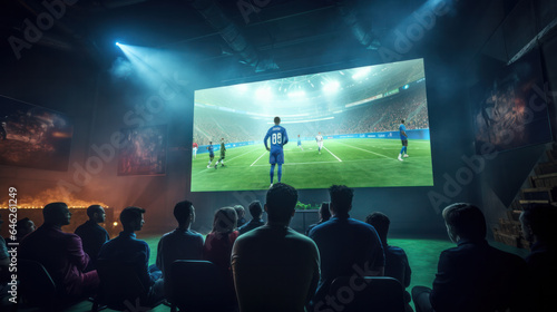 Group of Soccer Fans Watching a Live Football Match in a Sports Bar. People Standing in Front of a TV  Cheering for Their Team. Player Scores a Goal and Crowd Celebrate Winning the Championship.