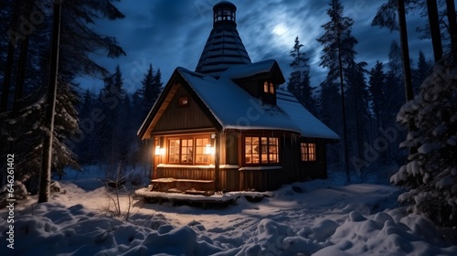 Exterior of small illuminated wooden cabin located on snowy forest in winter at night