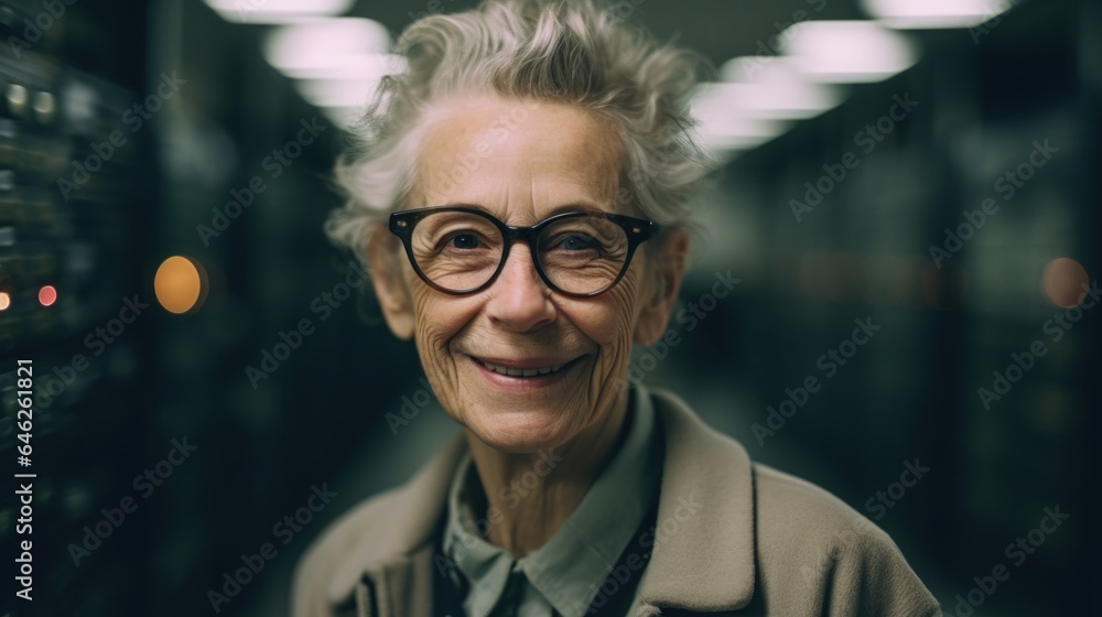 Senior lady in data center, mastering tech. Generative AI. Senior lady in data center, mastering tech. Generative AI.