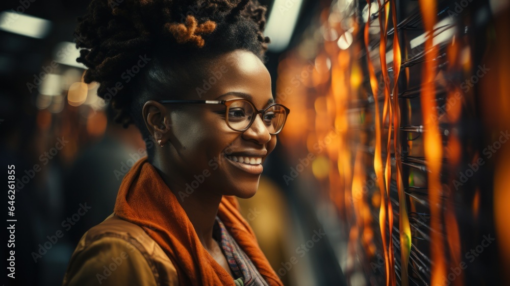 Portrait of an Afro wise senior woman in a computer server room. Generative AI