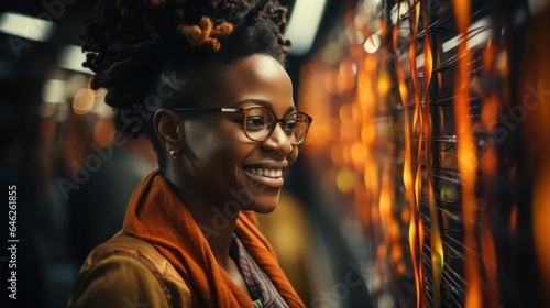 Portrait of an Afro wise senior woman in a computer server room. Generative AI