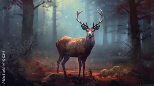 The deer stands in a clearing in the forest, its head slightly turned to the side.  © DreamPointArt