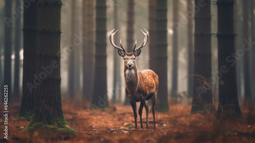 The deer stands in a clearing in the forest, its head slightly turned to the side. 