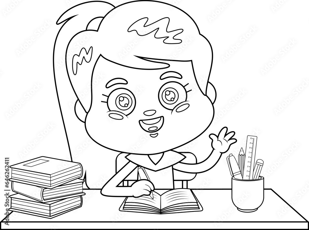 Outlined Cute School Girl Cartoon Character Raising Hand In Classroom Sitting At Desk. Vector Hand Drawn Illustration Isolated On Transparent Background