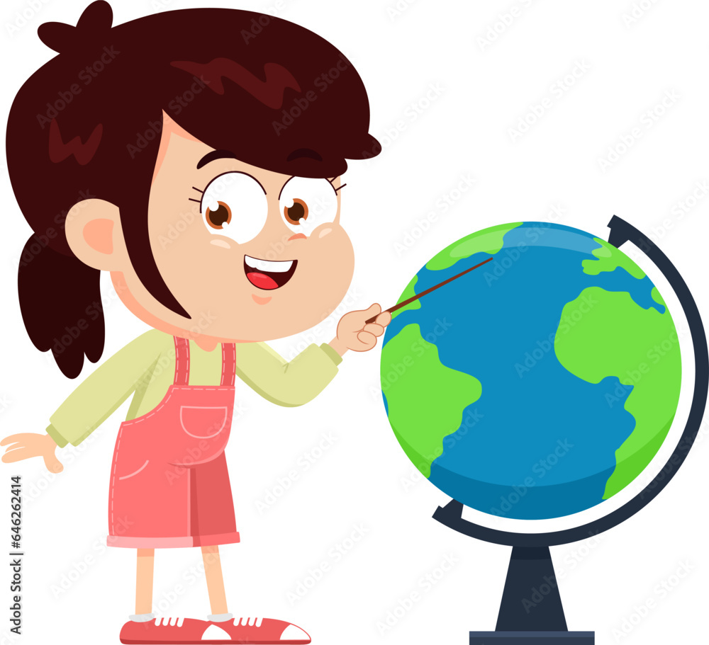Happy School Girl Cartoon Character Showing In The Globe. Vector Illustration Flat Design Isolated On Transparent Background Happy School Girl Cartoon Character Showing In The Globe. Vector Illustration Flat Design Isolated On Transparent Background